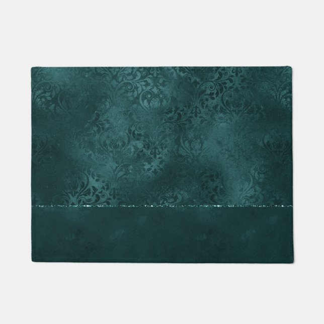 Midnight Teal Romance | Dark Satiny Grunge Damask Doormat (Front)
