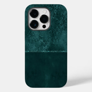 Midnight Teal Romance Dark Satiny Grunge Damask iPhone 14 Pro Case
