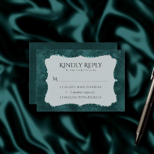 Midnight Teal Romance Dark Satiny Grunge Damask RSVP Card