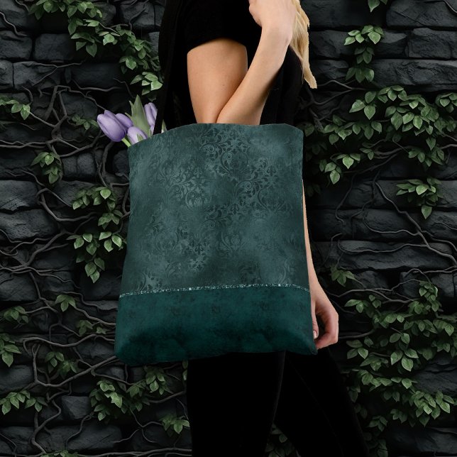 Midnight Teal Romance | Dark Satiny Grunge Damask Tote Bag (Creator Uploaded)