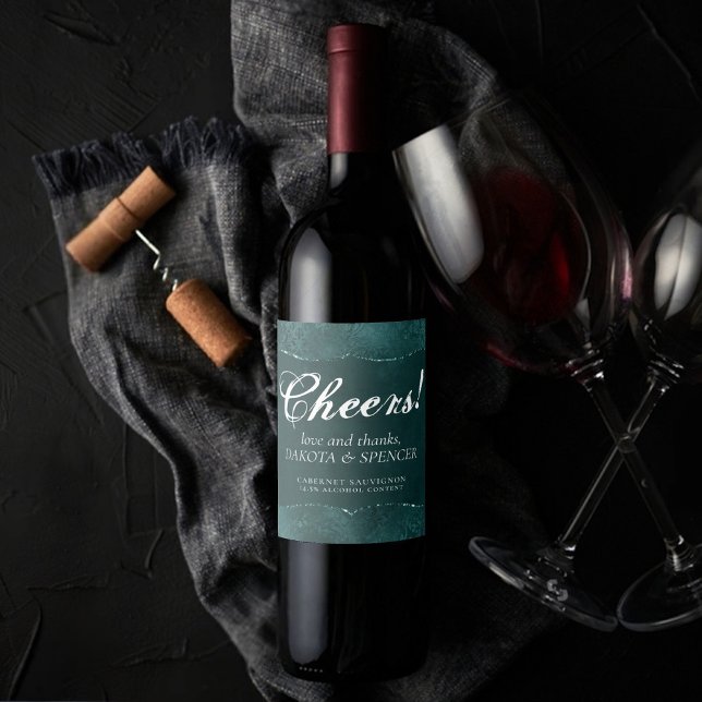 Midnight Teal Romance | Satiny Grunge Damask Favou Wine Label (Creator Uploaded)