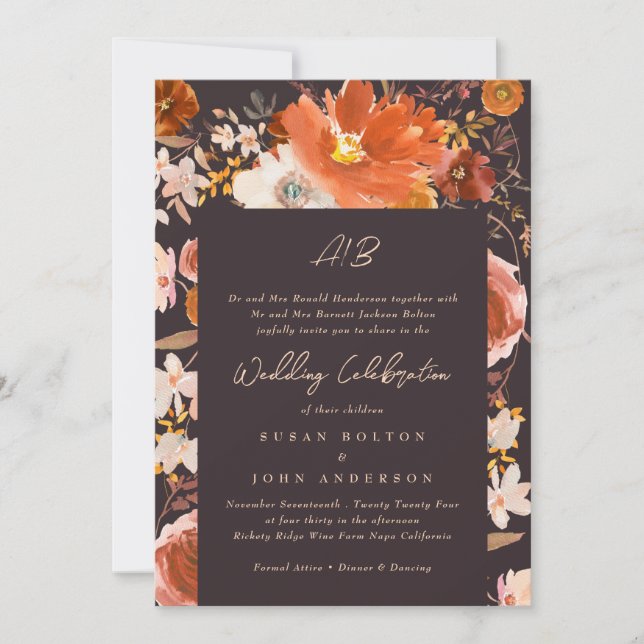 Midnight Terracotta Monogram Floral Border Wedding Invitation (Front)