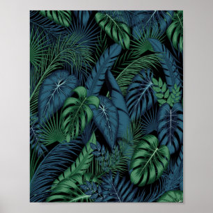 Midnight Tropical Leaves Pattern Poster