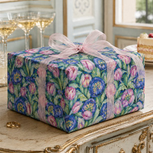 Midnight Tulip Garden Floral Pink and Blue Wrapping Paper