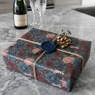 Midnight Victorian Floral   Burgundy & Blue Roses Wrapping Paper