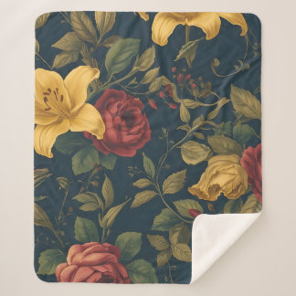 Midnight Victorian Floral – Yellow Lilies & Roses  Sherpa Blanket