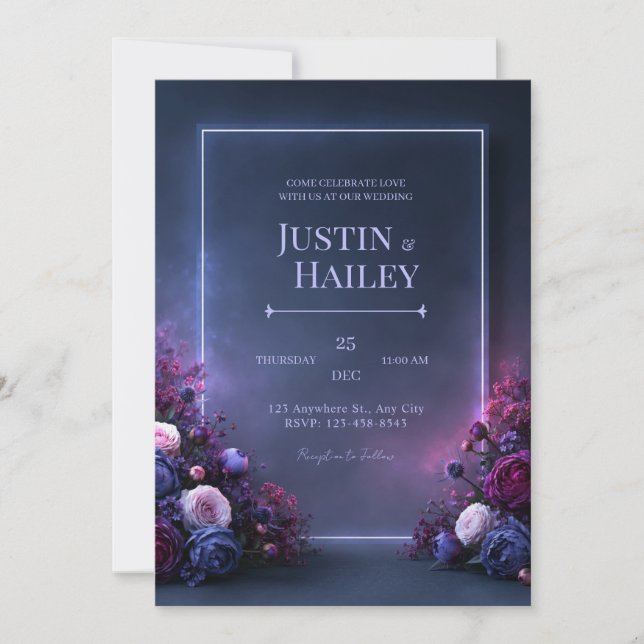 Midnight Violet Floral Frame Wedding Invitation (Front)
