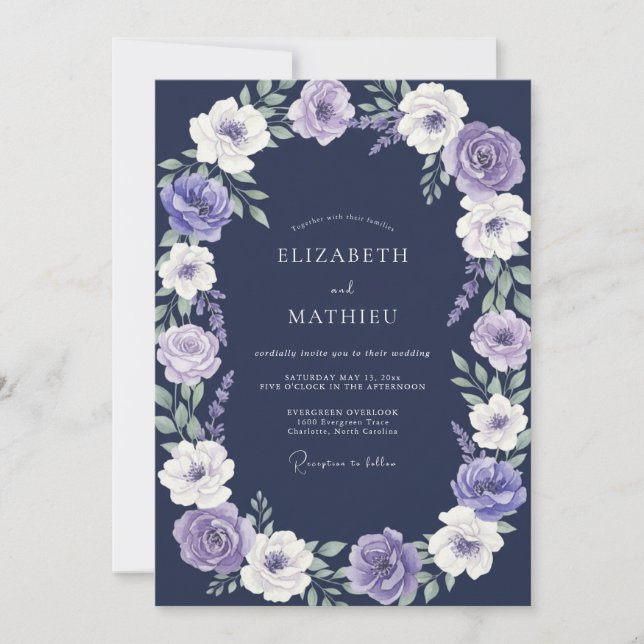 Midnight Violet Watercolor Wedding Invitation (Front)