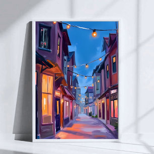 Midnight Walk City Street Watercolor Painting Poster