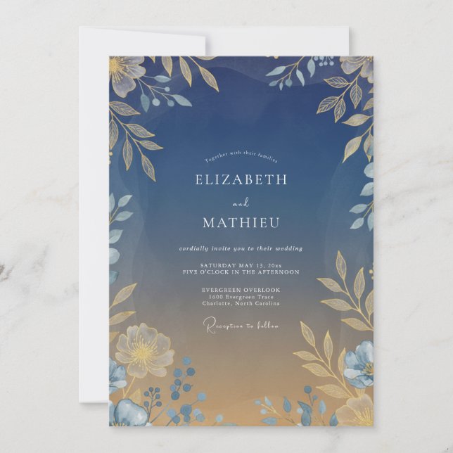 Midnight Warm Gold Leafy Wedding Invitation (Front)