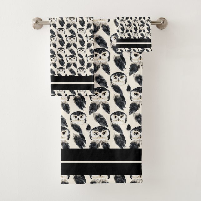Midnight Watchers – Owls & Feathers in Flight Bath Towel Set (Insitu)
