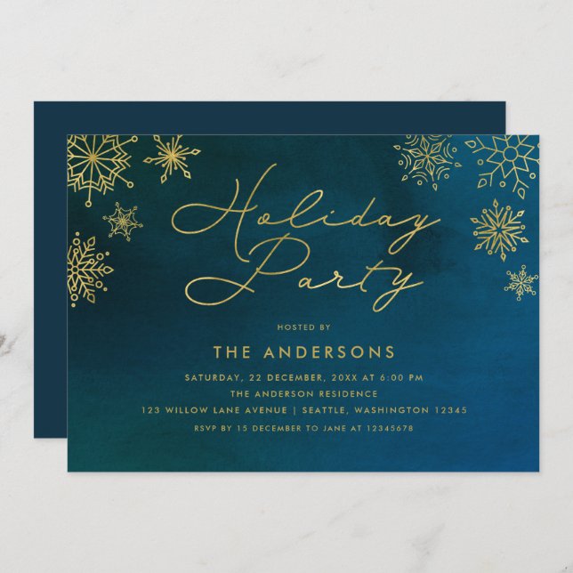 Midnight Watercolor Gold Snowflake Holiday Party Invitation (Front/Back)