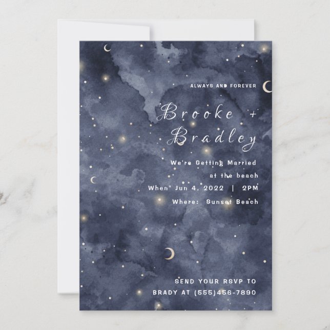 Midnight Watercolor Moon & Stars Wedding Invitation (Front)