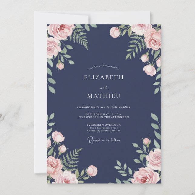 Midnight Watercolor Petal Wedding Invitation (Front)