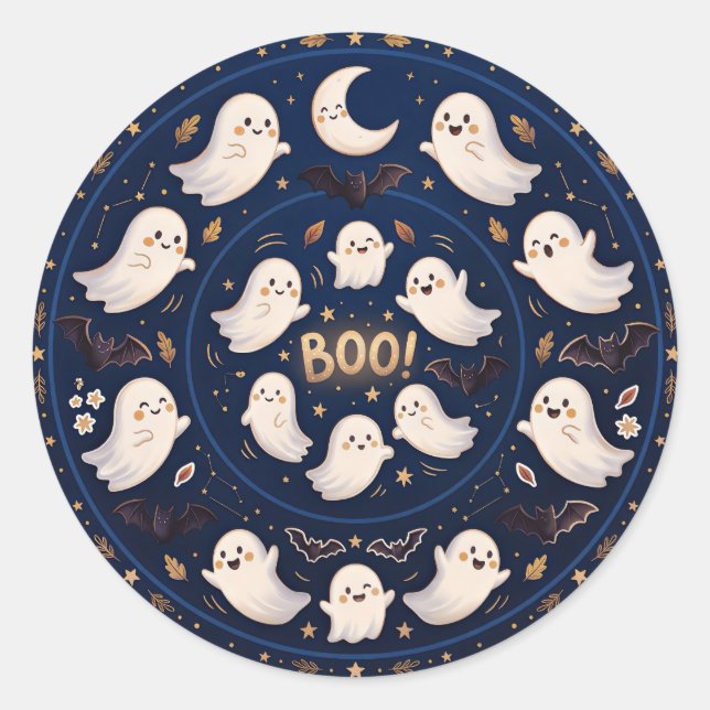 Midnight Whimsy Celestial Ghost Mandala Boo Classic Round Sticker (Front)