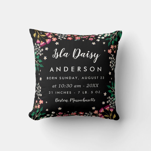 Midnight Wildflowers - Birth Stats Nursery Cushion (Front)