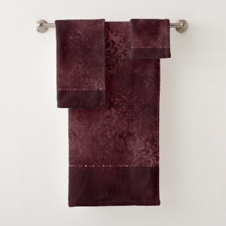 Midnight Wine Romance | Dark Satiny Grunge Damask Bath Towel Set