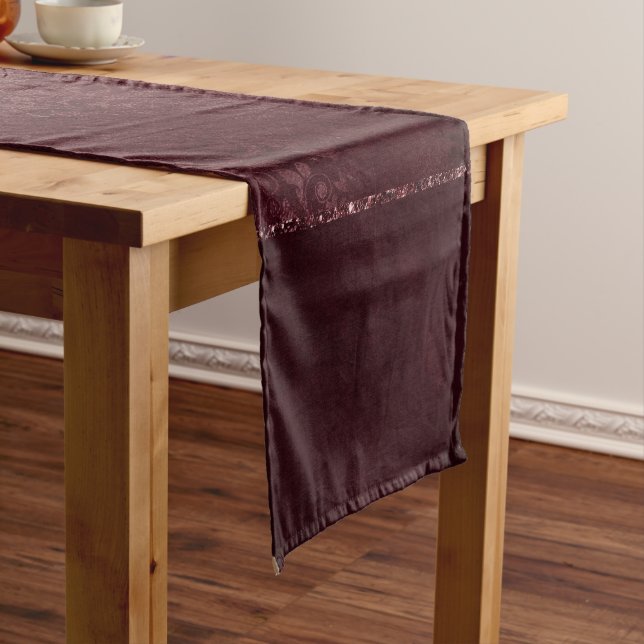 Midnight Wine Romance | Dark Satiny Grunge Damask Short Table Runner (In Situ)