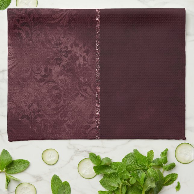 Midnight Wine Romance | Dark Satiny Grunge Damask Tea Towel (Folded)