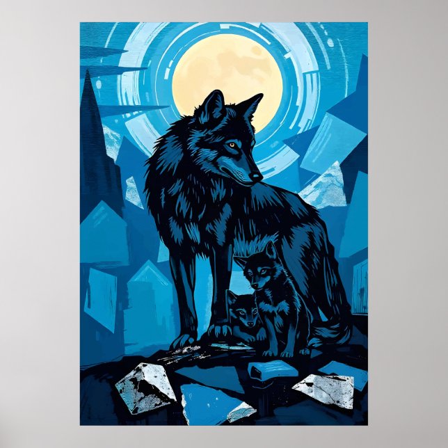 Midnight Wolf Family Under Full Moon Poster (Front)