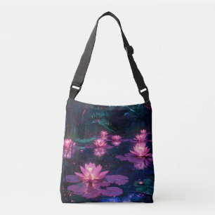 Midnight Zen Nature Pink Lotus Pond Crossbody Bag