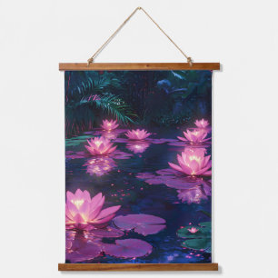 Midnight Zen Nature Pink Lotus Pond Hanging Tapestry