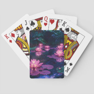 Midnight Zen Nature Pink Lotus Pond Playing Cards
