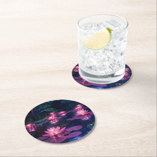 Midnight Zen Nature Pink Lotus Pond Round Paper Coaster