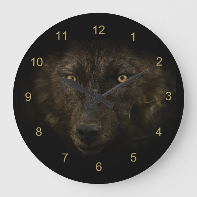 Midnights Gaze - Black Wolf Wild Animal Wildlife Large Clock (Front)