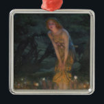 Midsummer Eve (by Edward Robert Hughes) Metal Tree Decoration<br><div class="desc">This design features a painting by the British artist Edward Robert Hughes (1851–1914). It shows a beautiful young woman in a mystical forest landscape. She is wearing an elegant golden dress and she has flowers under her arm and woven into her hair. The woman is slightly bending and she has...</div>
