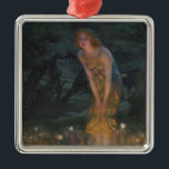 Midsummer Eve (by Edward Robert Hughes) Metal Tree Decoration<br><div class="desc">This design features a painting by the British artist Edward Robert Hughes (1851–1914). It shows a beautiful young woman in a mystical forest landscape. She is wearing an elegant golden dress and she has flowers under her arm and woven into her hair. The woman is slightly bending and she has...</div>