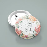 Midsummer Floral Grandma of the Bride 6 Cm Round Badge<br><div class="desc">Identify the key players at your bridal shower with our elegant,  sweetly chic floral buttons. Button features a watercolor floral wreath of peachy pink peonies,  white hydrangea flowers and botanical greenery with "grandma of the bride" inscribed inside in hand lettered script.</div>