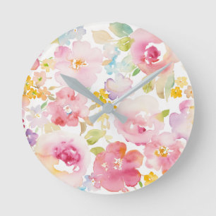 Midsummer   Watercolor Pink Floral Round Clock