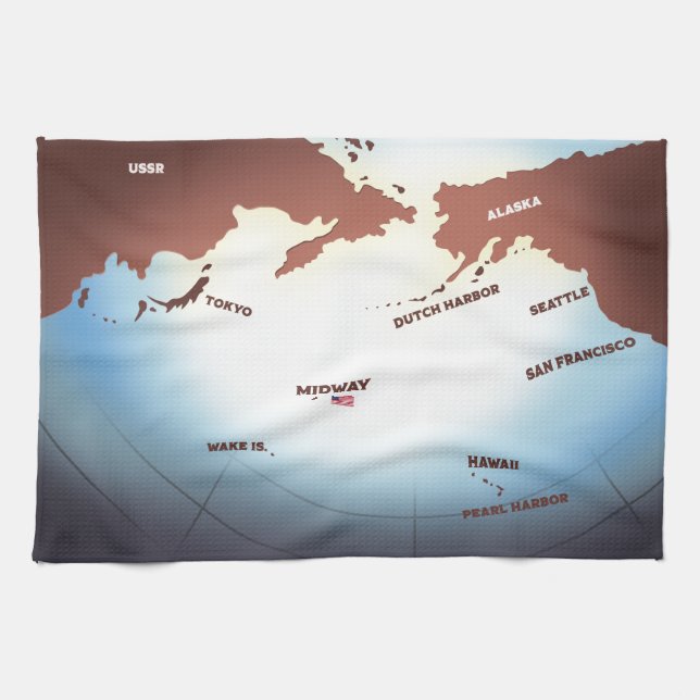 Midway Island vintage style WW2 map Tea Towel (Horizontal)