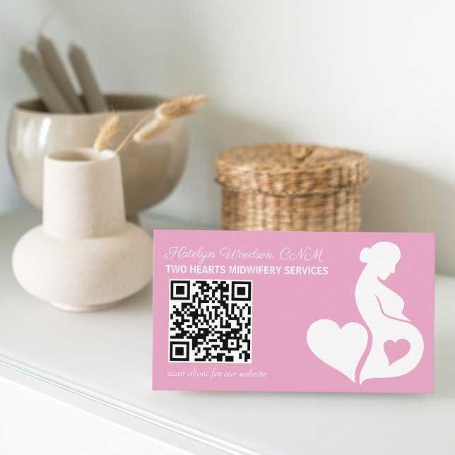 Midwife Doula Pink Pregnancy Silhouette QR Code Business Card (Creator Uploaded)