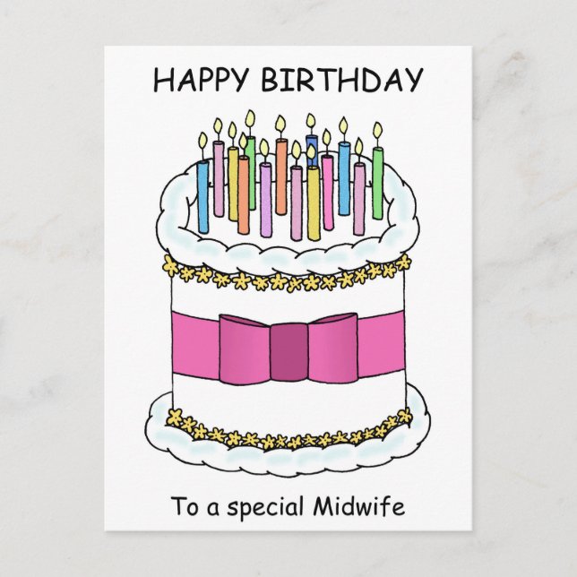 Midwife Happy Birthday Cartoon Cake and Candles Postcard (Front)