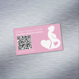 Midwife or Doula Pink Pregnancy Silhouette QR Code Magnetic Business Card