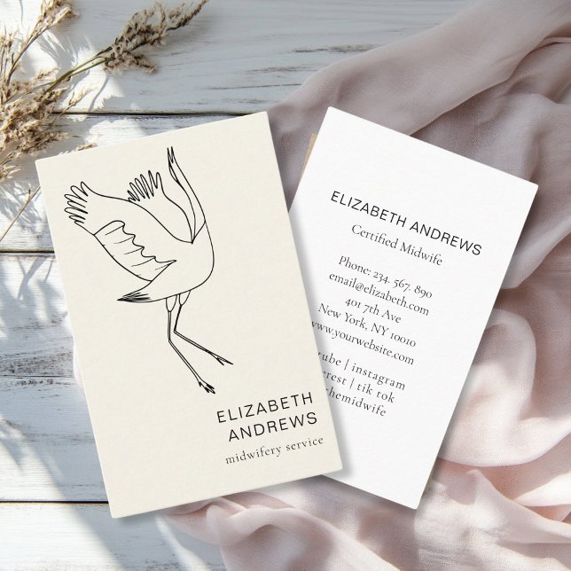 Midwife, Storch, Beige Business Card (Modern, beige business card. Line Art Illustration, Storch. for childcare, midwives and more.)