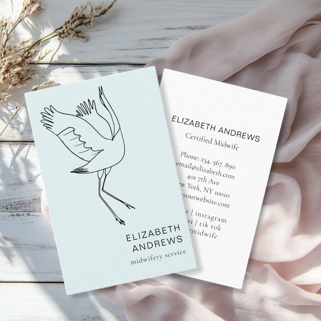 Midwife, Storch, Blue Business Card (Modern, blue business card. Line Art Illustration, Storch. For childcare, midwives and more.)