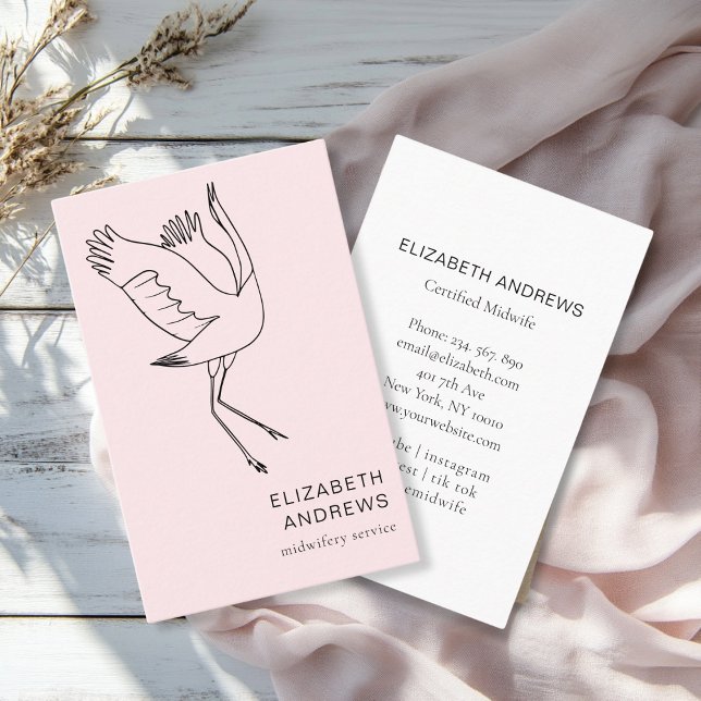 Midwife, Storch, Light-Pink Business Card (Modern, light pink business card. Line Art Illustration, Storch. For childcare, midwives and more.)