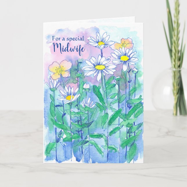 Midwife Thank You Daisy Flowers Watercolor Card (Front)