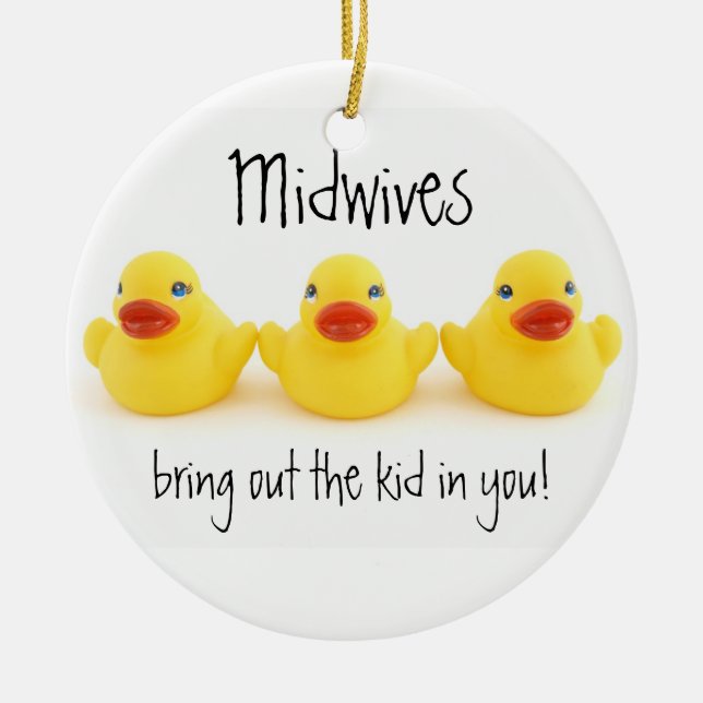 Midwives and Yellow Rubber Ducks Ceramic Tree Decoration (Front)