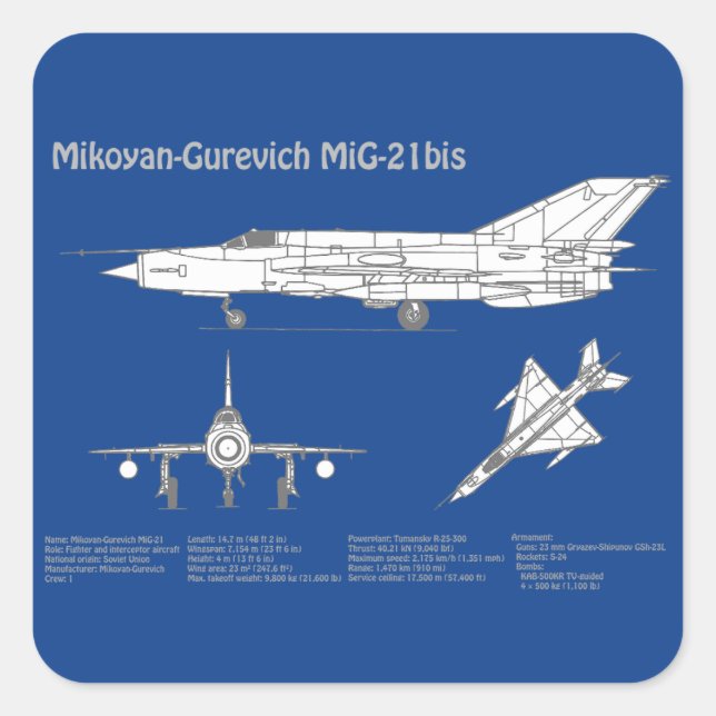 MiG-21 bis - Aeroplane Blueprint Plans ABD Square Sticker (Front)