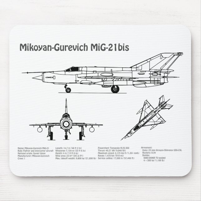 MiG-21 bis - Aeroplane Blueprint Plans BD Mouse Pad (Front)