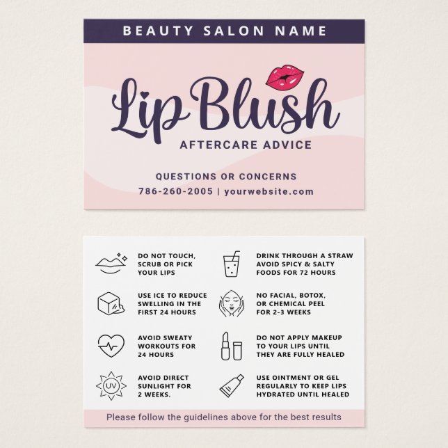 Mighty Pink Lip Blush Aftercare Advice Card (Front & Back)