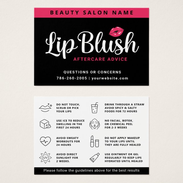 Mighty Pink Lip Blush Aftercare Advice Card (Front & Back)