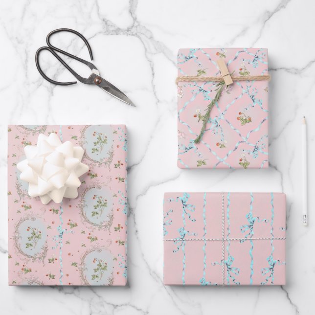 Mignonette Strawberries Blush Pink Wrapping Paper  (Front)