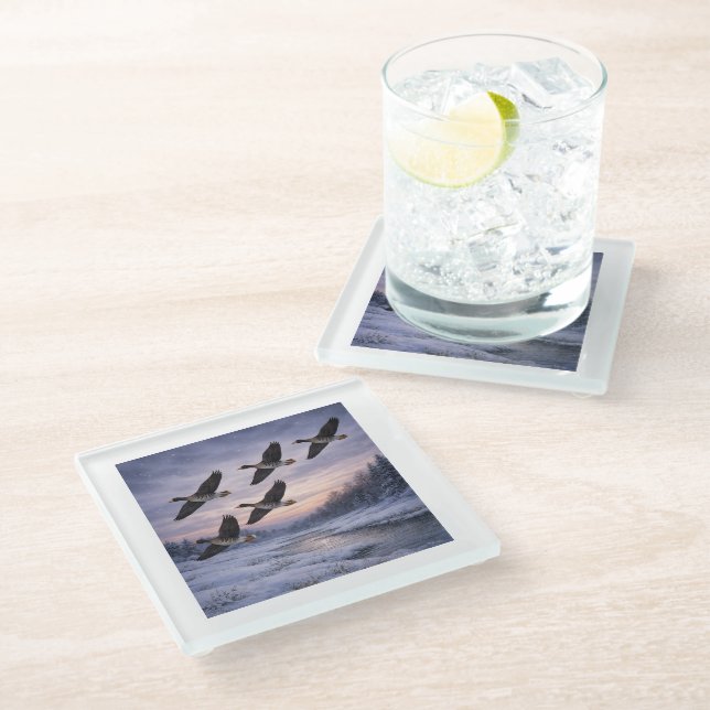 Migrating Geese in Winter Glass Coaster (Angled)