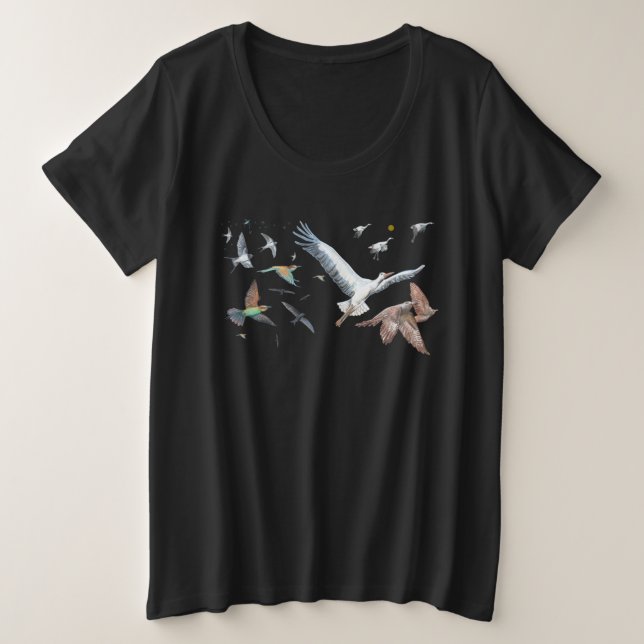 Migratory birds tracing their flights Black Plus Size T-Shirt (Design Front)