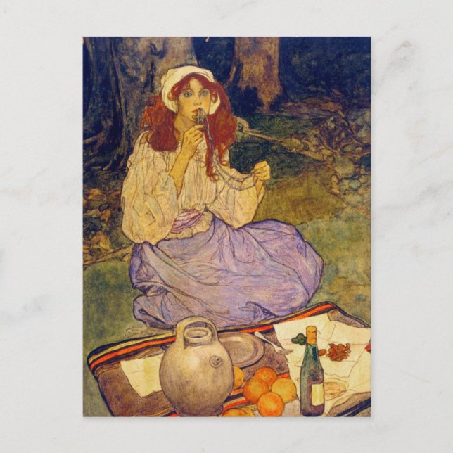 Miguela, kneeling still, put it to her lip postcard (Front)